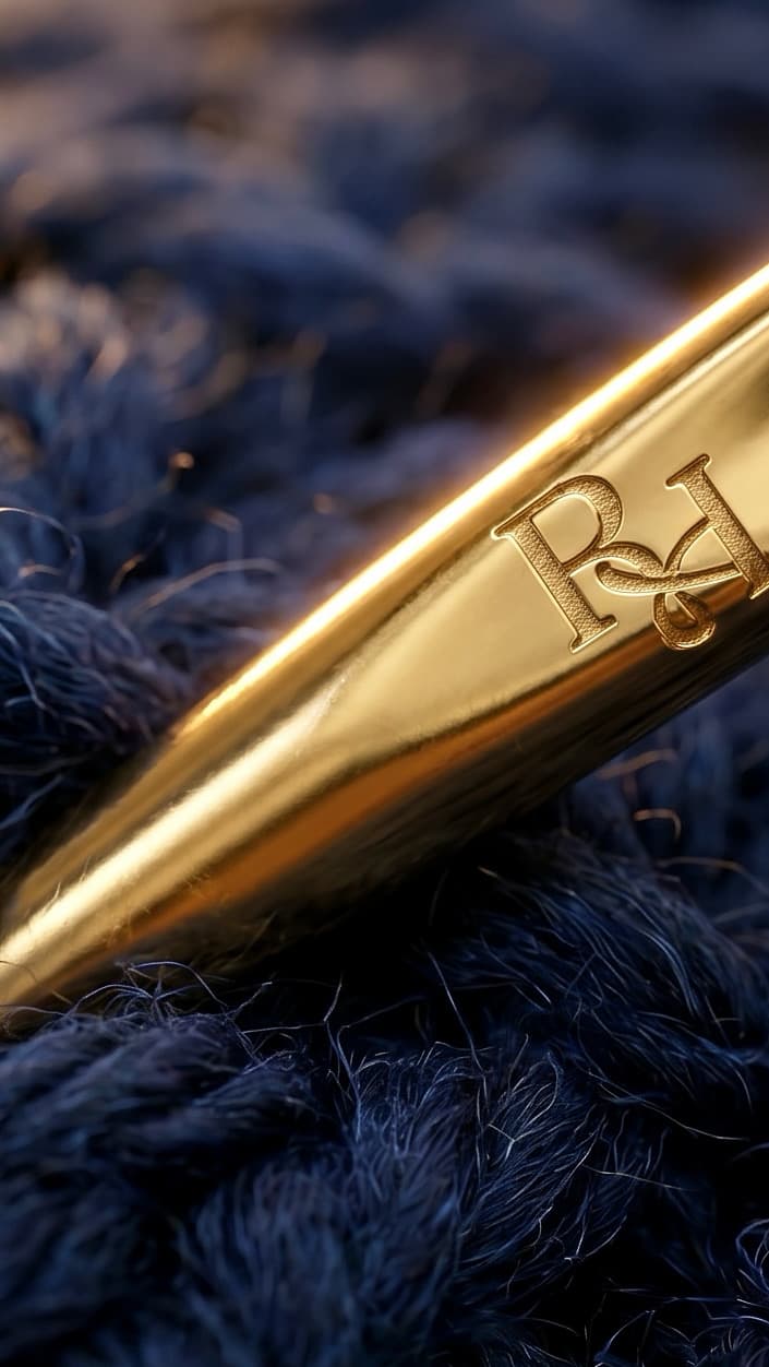 Gold RH engraved needle on navy fabric