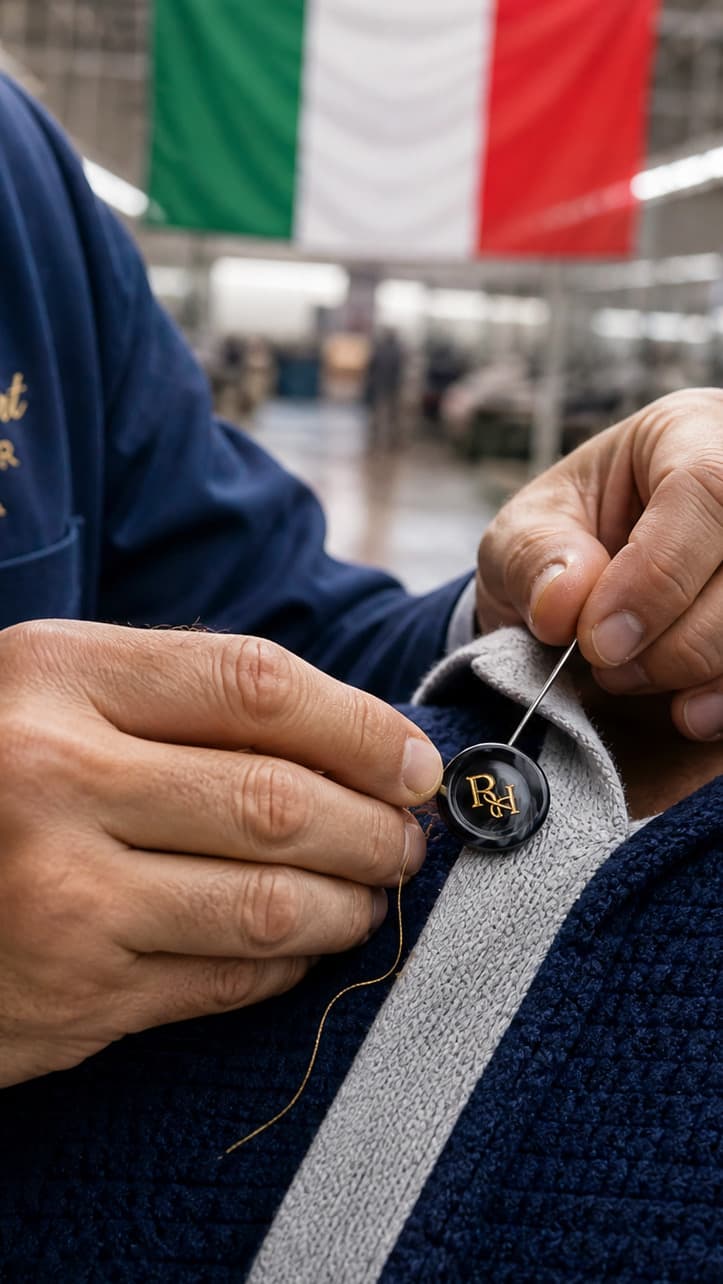 Hand-stitching RH button at the atelier