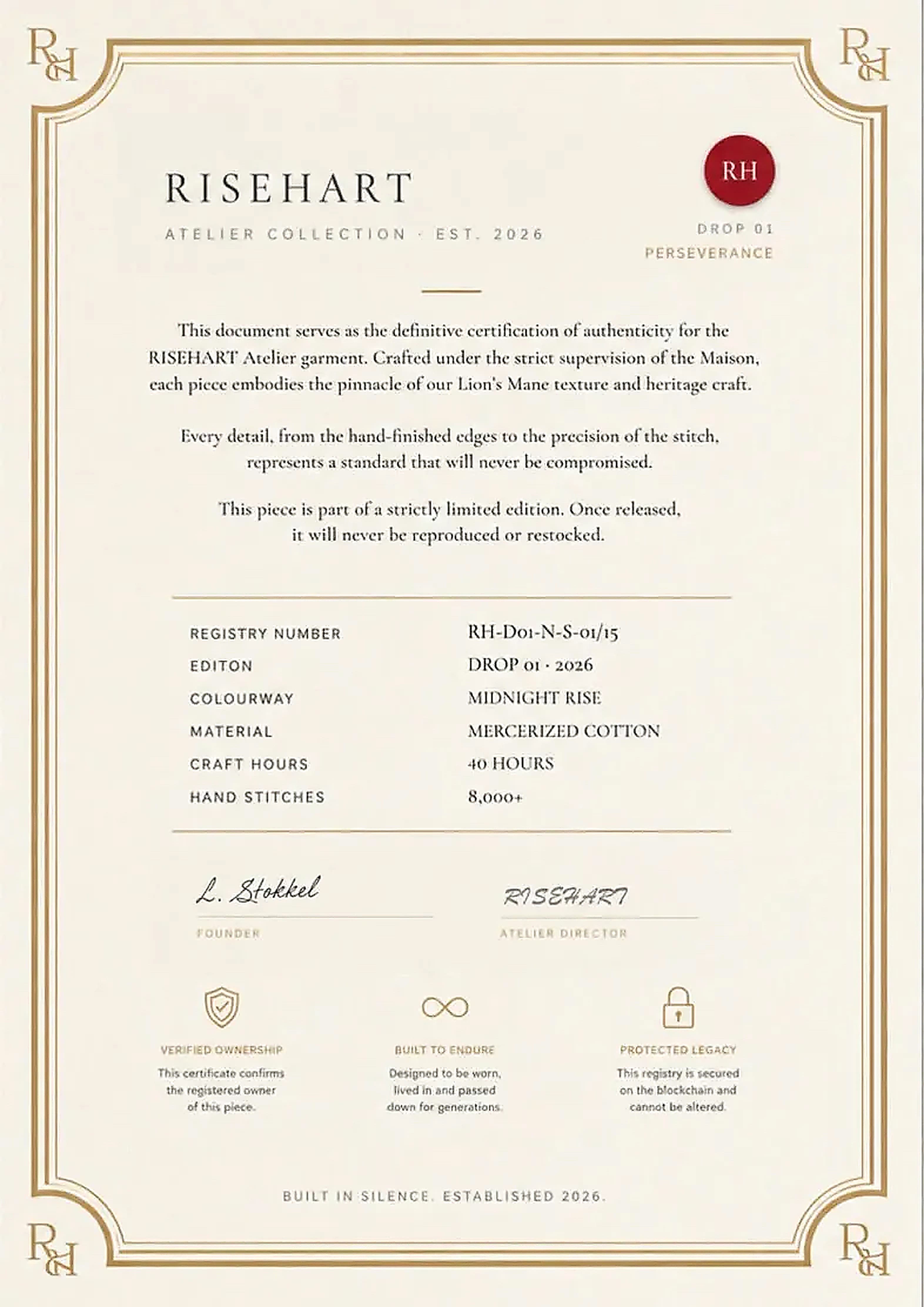 RISEHART Certificate of Authenticity — Drop 01 Registry